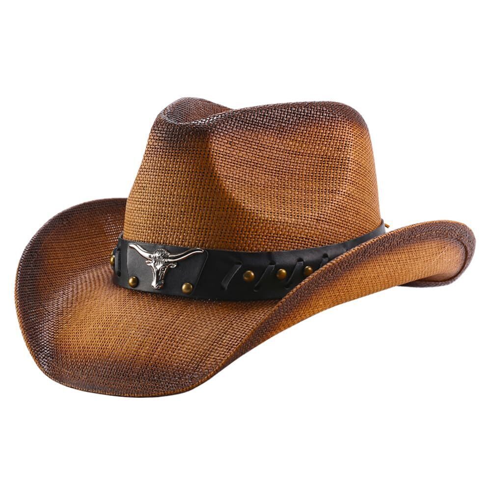 7992 and Western Bullhead Cattleman Crown Straw Cowboy Cowgirl Hat, Brown